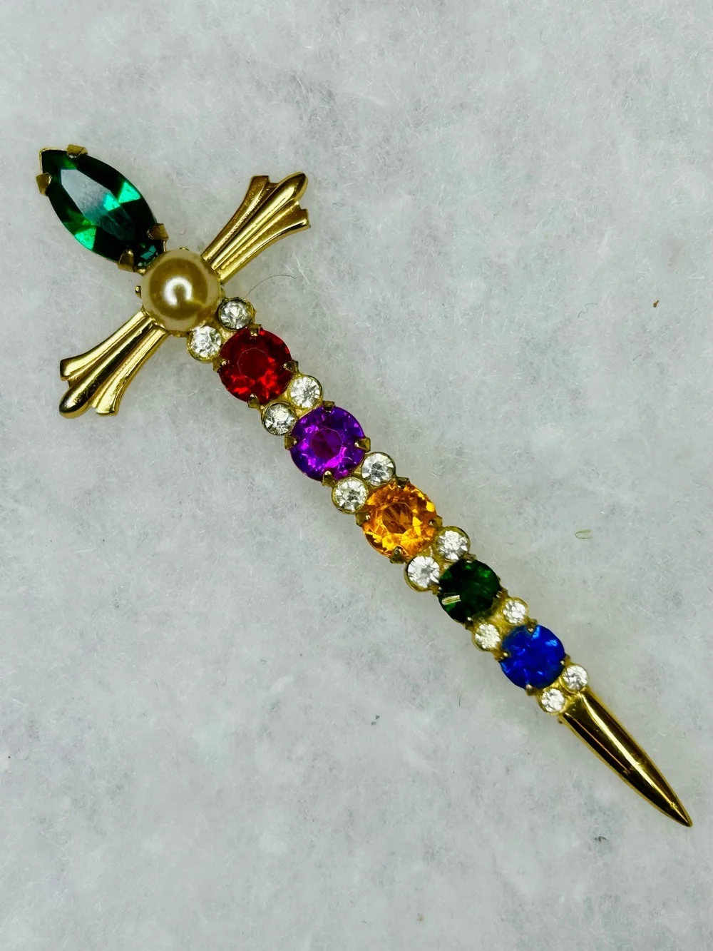 Vintage Sterling Vermeil Rhinestone Sword Brooch (c. 1955–1965)